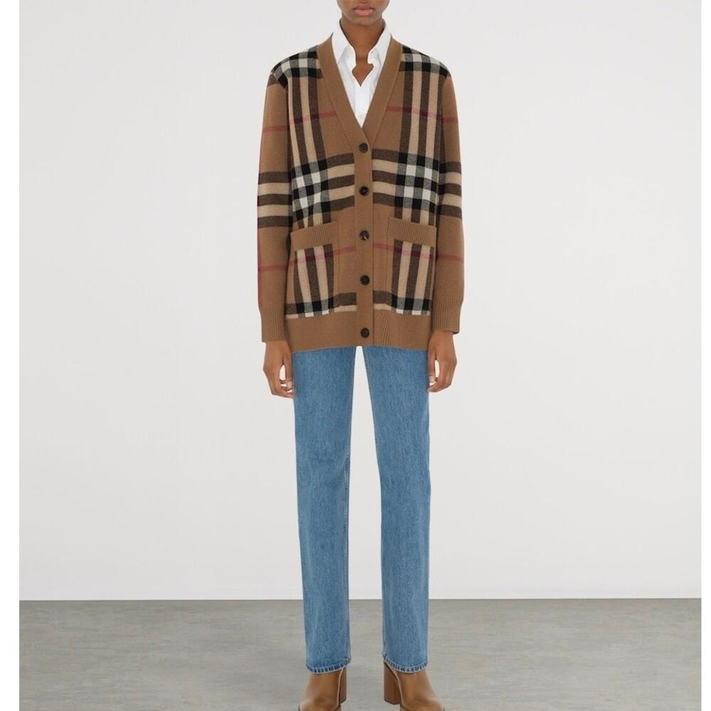 Burberry (XL) Check Wool Cashmere Jacquard V-Neck Button Cardigan Loose Fit